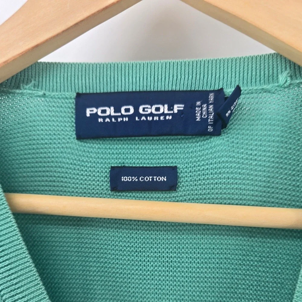 Polo Golf Ralph Lauren Sweater Mens L Green V-Neck Cotton Textured Red Pony Logo